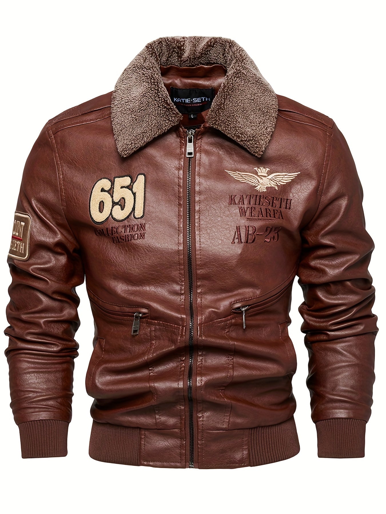 Retro PU Bomber Jacket, Men's Casual Embroidery Zip Up Lapel Faux Leather Jacket For Fall Winter