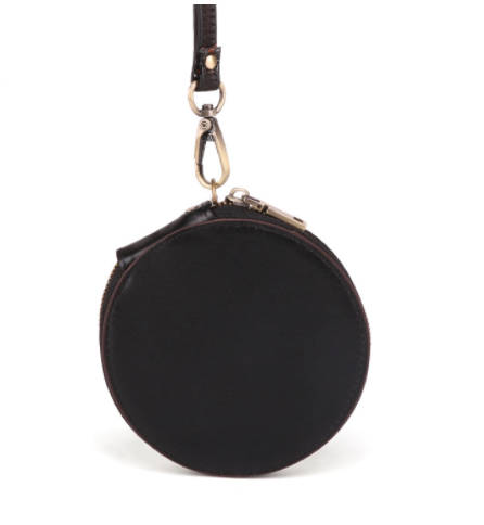 Black round pouch with a strap on a white background