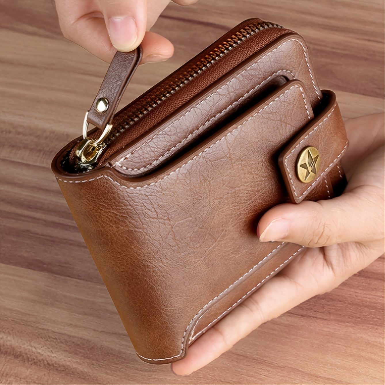 1pc Men's PU Leather Solid Color Business Wallet, Card Holder With Zipper & Button, Valentine's Day Gift For Men