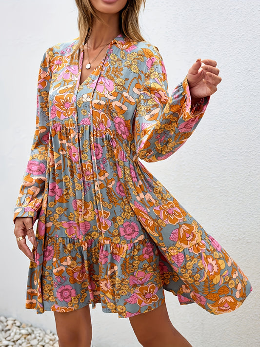 Floral Print V Neck Dress, Elegant Long Sleeve Pleated Dress, Women's Clothing