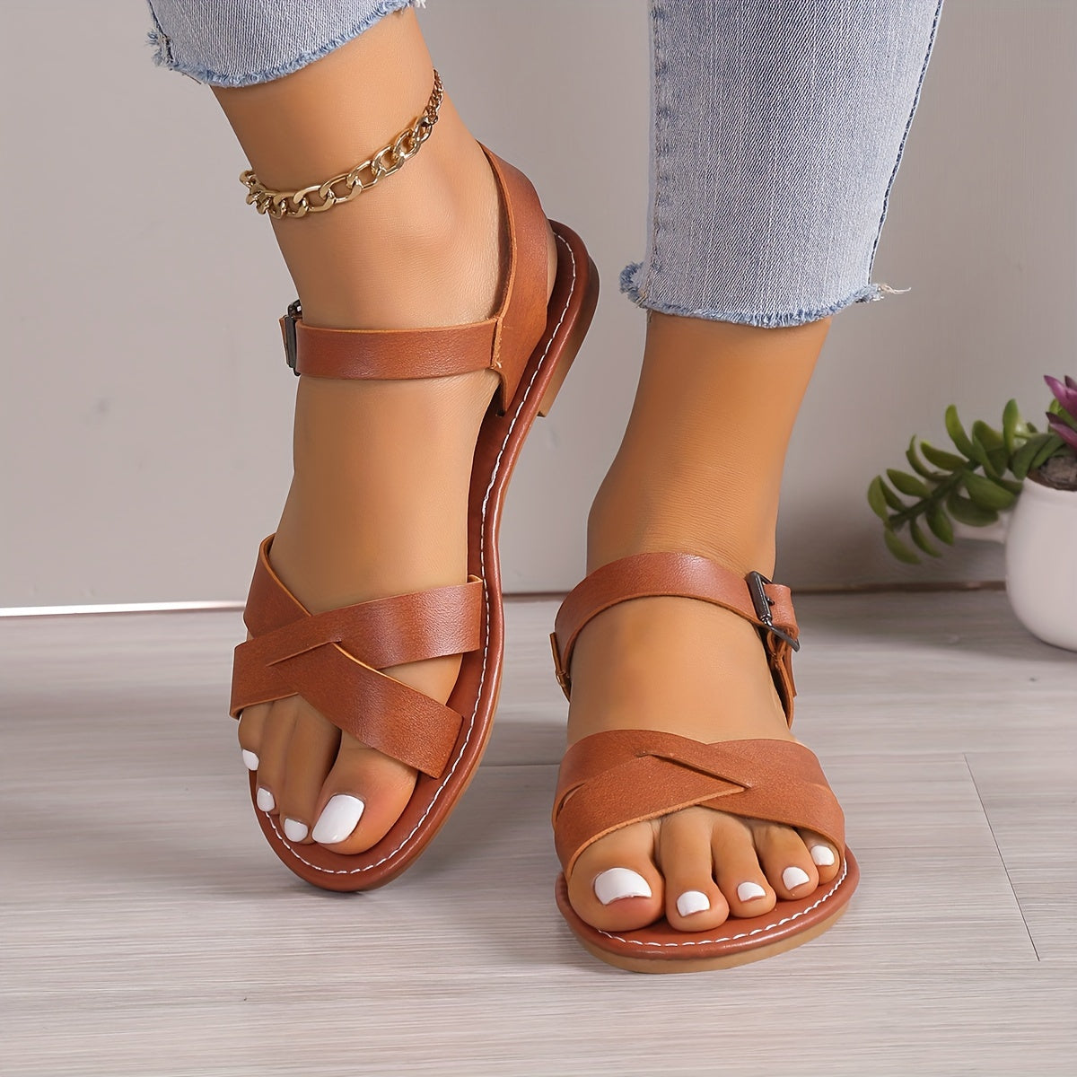 Women's Criss Cross Strap Flat Sandals, Open Toe Ankle Buckle Strap Shoes, Casual Summer Sandals