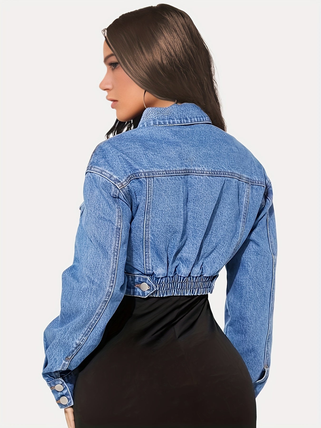 Single-breasted Long Sleeve Collar Denim Jeacket, Drop Shoulder Flap Design Crop Denim Coat, Women's Denim Jeans & Clothing