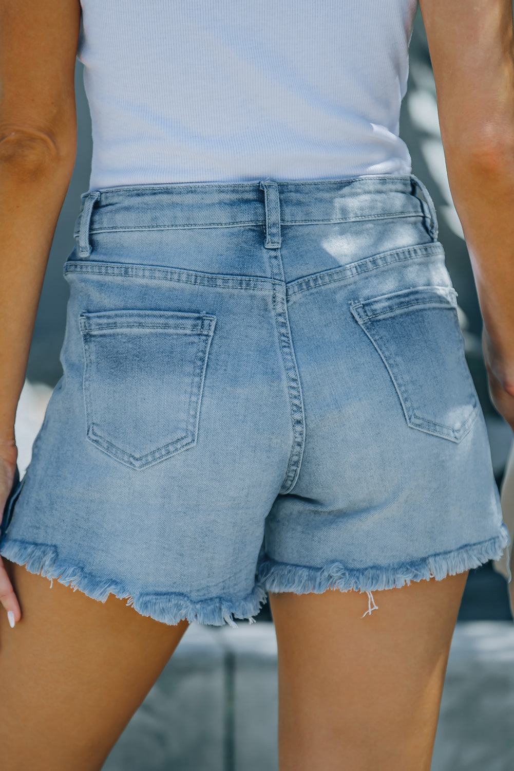 Light Blue Distressed Ripped Pockets Denim Shorts