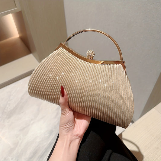 Pleated Glitter Metal Chain Handbag, Elegent Textured Cloth Frame Purse, Classic Dinner Evening Bag - Perfect for Carnival Mardi Gras Music Festival