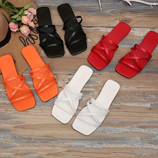 Women's Solid Color Slide Sandals, Casual Square Toe Flat Summer Shoes, Lightweight Slide Sandals