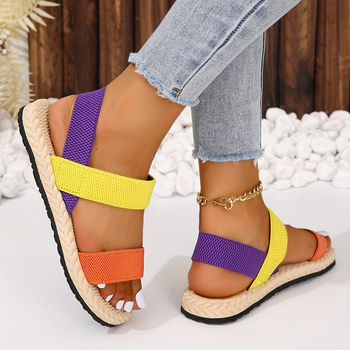 Women's Colorblock Flat Sandals, Open Toe Elastic Strap Slip On Summer Shoes, Imitation Espadrille Sole Beach Sandals in holiday