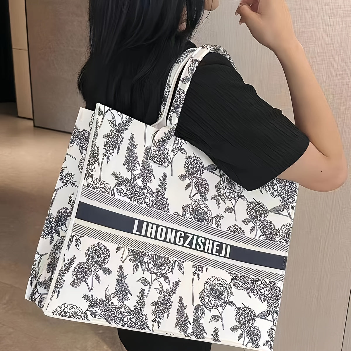Felt Tote Bag For Women, Trendy Flower Pattern Handbag, Luxury Large Capacity Shoulder Bag Shopping Bag