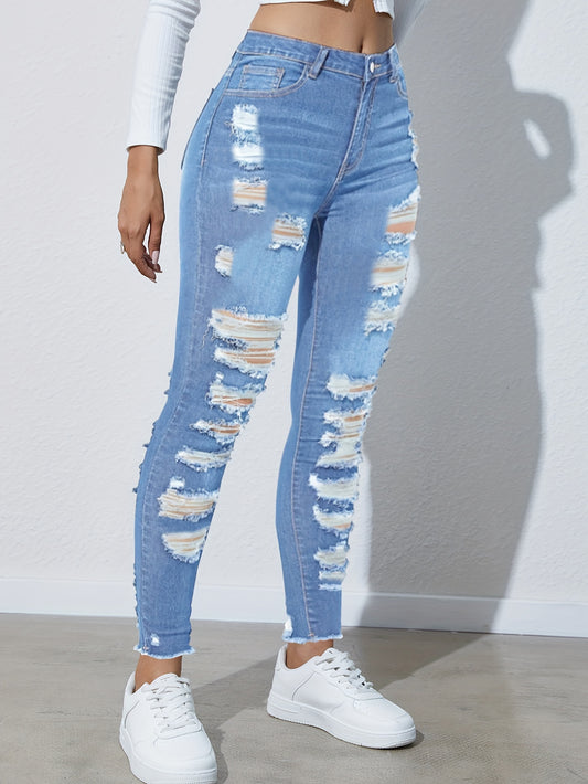 Jeans Skinny Con Fori Strappati Blu, Tasche Oblique Con Orlo Grezzo Slim Fit Jeans Attillati Casual, Jeans E Abbigliamento In Denim Da Donna