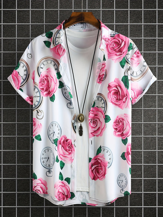 Rose And Clock Random Print Men's Trendy Short Sleeve Button Down Shirt Summer Vacation, Men's Leisurewear