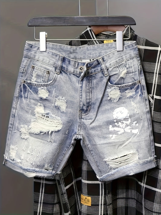 Men's Solid Ripped Denim Shorts With Pockets, Casual Breathable Cotton Blend Jeans For Summer Outdoor Activities