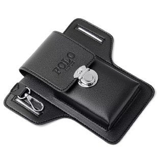 Black leather wallet with a clip and attached keychain on a white background