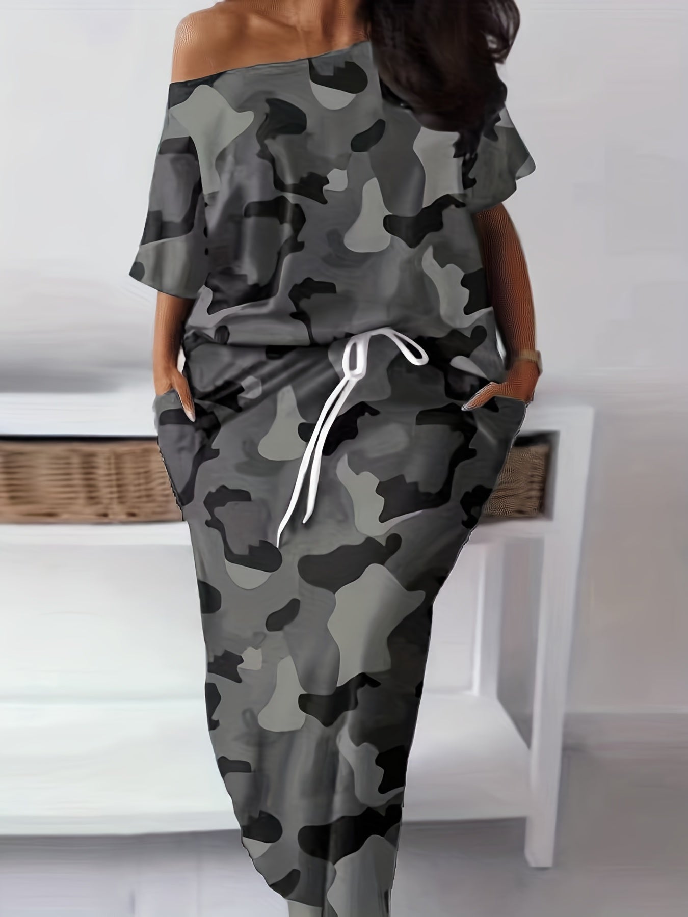 Camouflage Matching Two-piece Skirt Set, Short Sleeve T-shirt & Drawstring Skirt Outfits, Women's Clothing