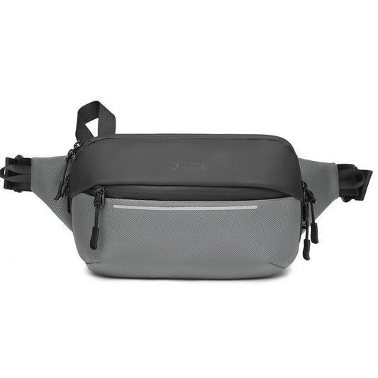 Gray waist bag with black accents on a white background