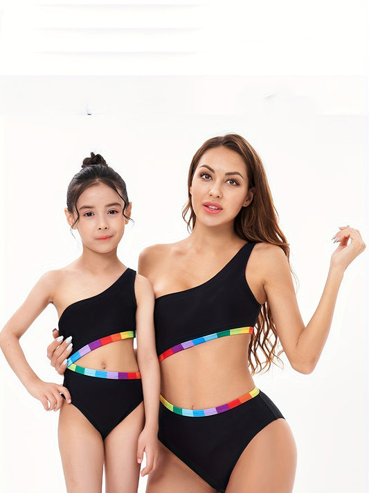 Cute Mommy and Me Matching Swimsuits - One Shoulder Tankini with Waist Cutout Design - Perfect for Summer Beach Vacations