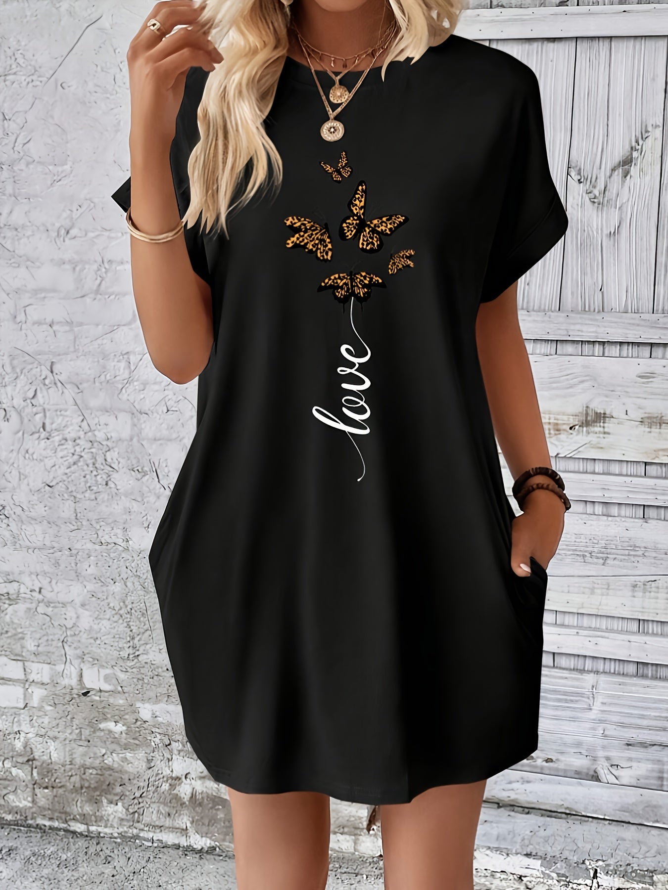 Butterfly & Letter Print With Pocket Dress, Casual Crew Neck Short Sleeve Dress For Spring & Summer, Women's Clothing