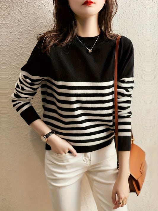 Striped Crew Neck Pullover Sweater, Casual Long Sleeve Versatile Sweater, Women's Clothing