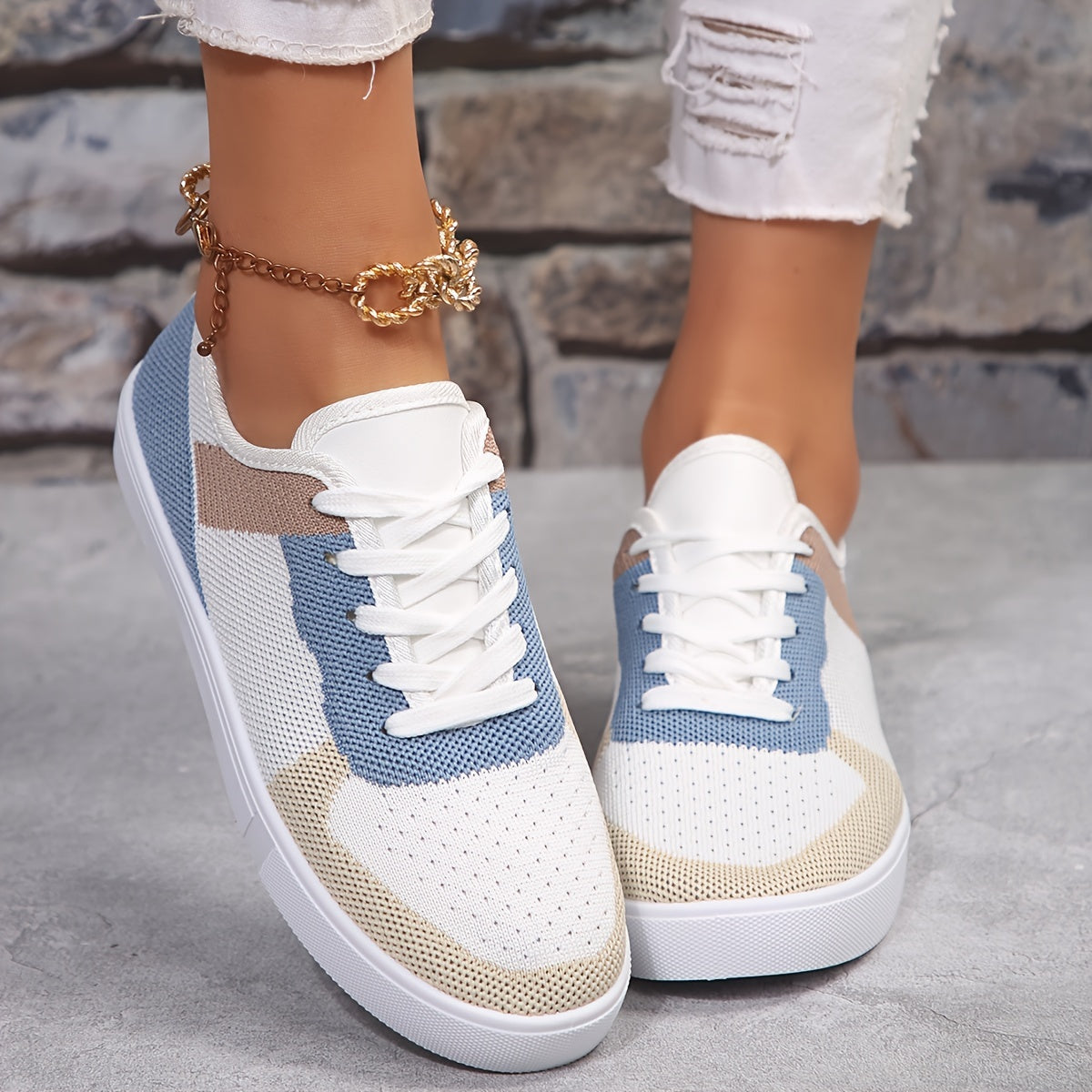 Women's Colorblock Trendy Sneakers, Lace Up Soft Sole Platform Casual Shoes, Low-top Breathable Walking Shoes