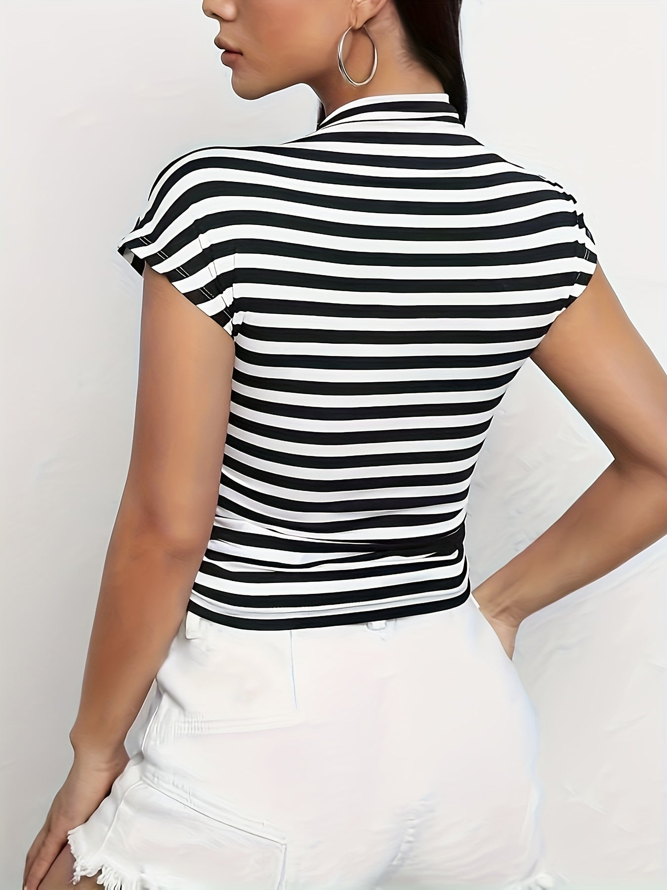 Striped Mock Neck T-Shirt, Casual Short Sleeve T-Shirt For Spring & Summer, Women's Clothing