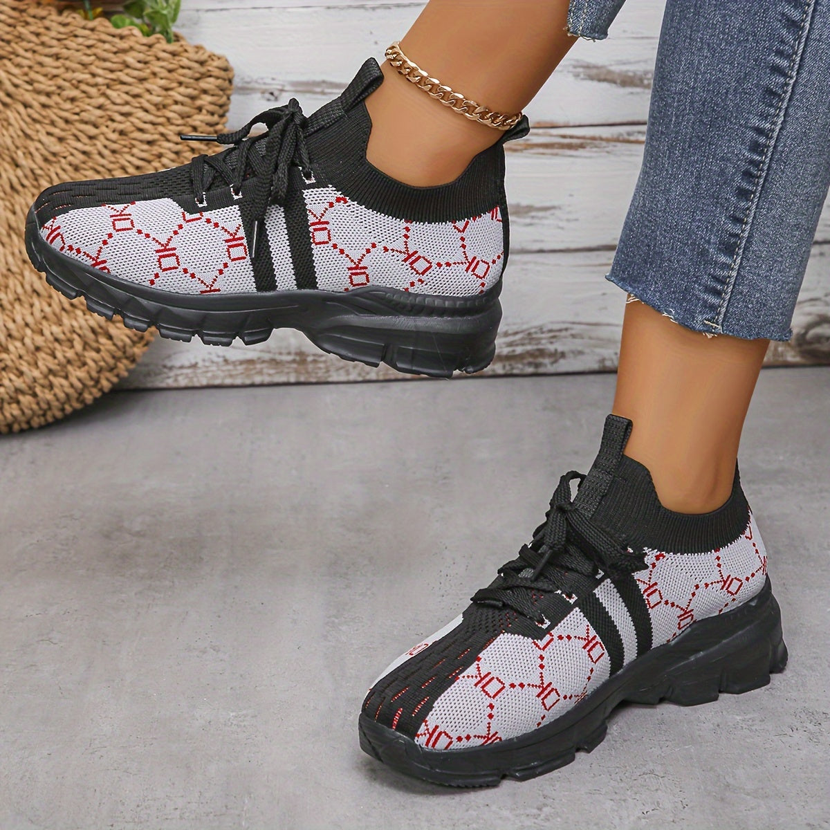 Women's Geometric Pattern Platform Sneakers, Breathable Knit Lace Up Outdoor Shoes, Comfortable Low Top Sport Shoes