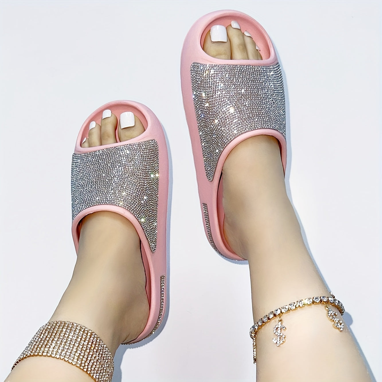 Women's Rhinestone Pillow Slides, Fashionable Soft Sole Summer Shoes, Casual Outdoor Beach Slide Shoes