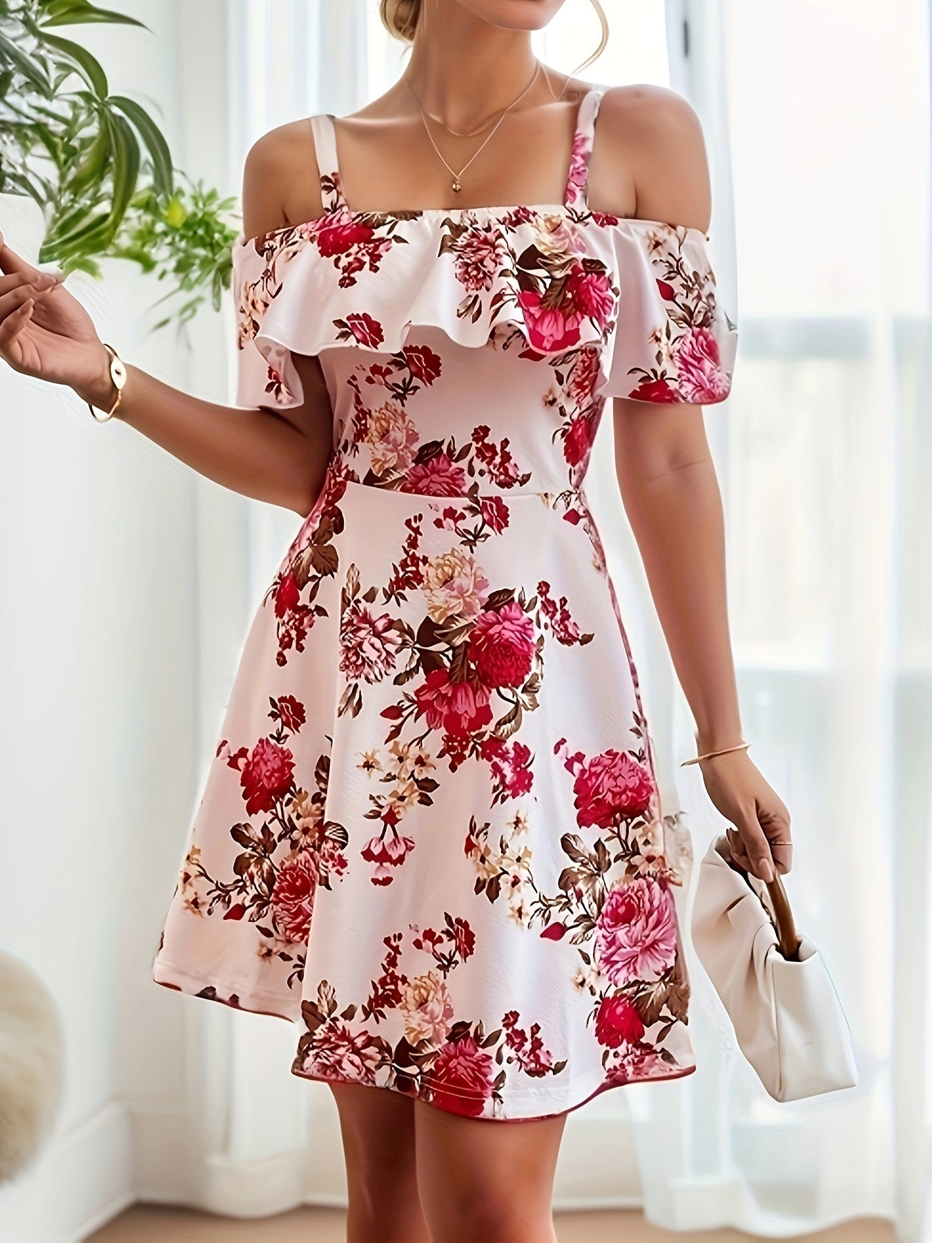 Floral Print Ruffle Hem Dress, Elegant Cold Shoulder Square Neck Backless Dress For Spring & Summer, Women's Clothing