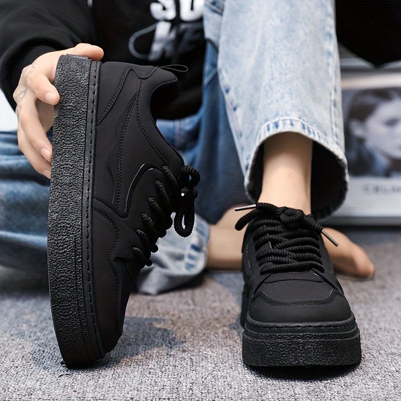 Men's Trendy Solid Skate Shoes, Comfy Non Slip Casual Lace Up Sneakers For Men's Outdoor Activities