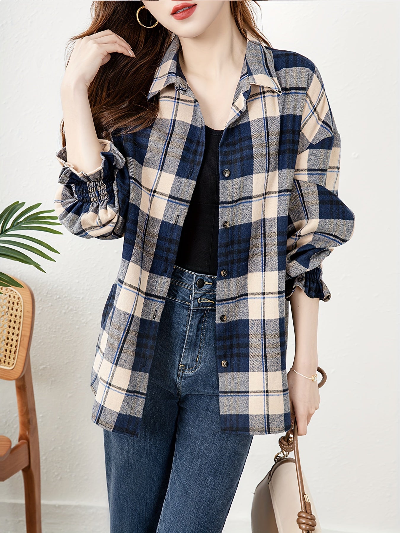 Plaid Print Button Front Blouse, Casual Long Sleeve Blouse For Spring & Fall, Women's Clothing