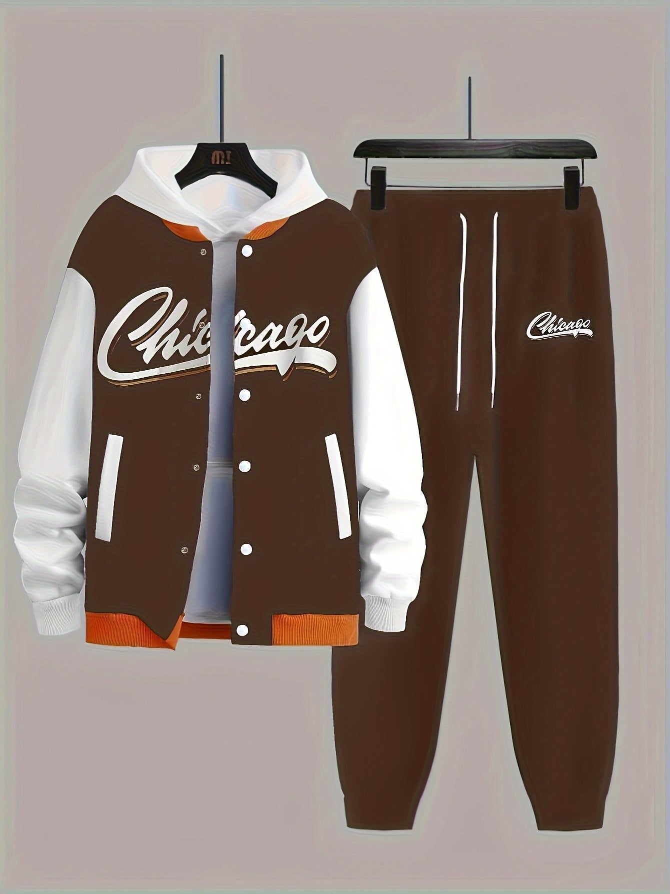 Plus Size Men's Letters Print Baseball Jacket & Pants Set For Spring Fall