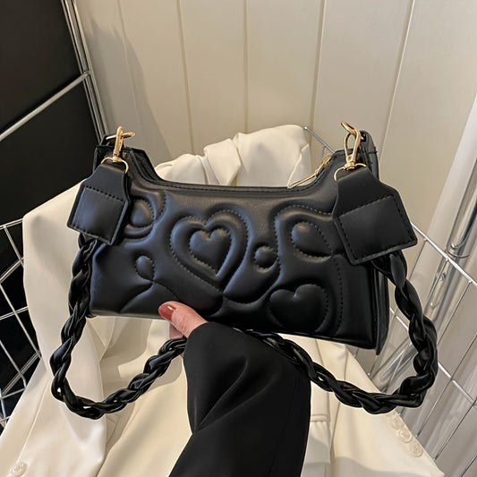 Heart Embroidery Shoulder Bag, Fashion Pleated Underarm Purse, Women's Zipper Handbag With Braided Strap Valentine's Day gift