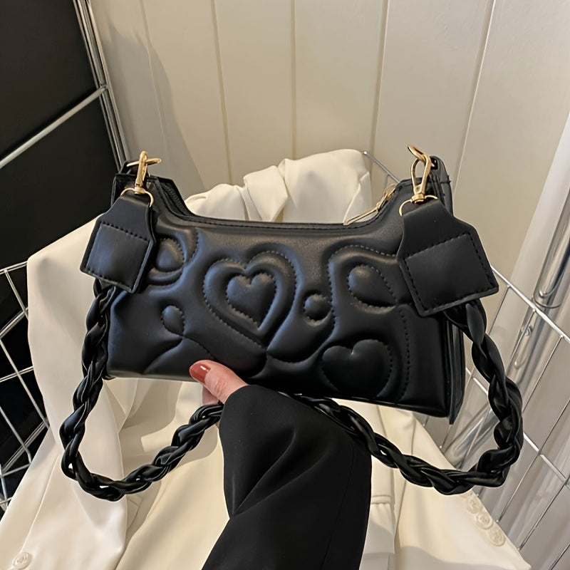 Heart Embroidery Shoulder Bag, Fashion Pleated Underarm Purse, Women's Zipper Handbag With Braided Strap Valentine's Day gift