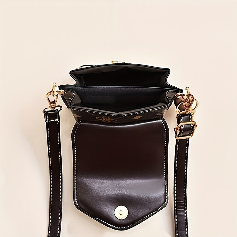 Mini Flap Crossbody Phone Bag, Letter Print Shoulder Bag, Women's Studded Decor Square Purse (4.7*6.7*3.7) Inch