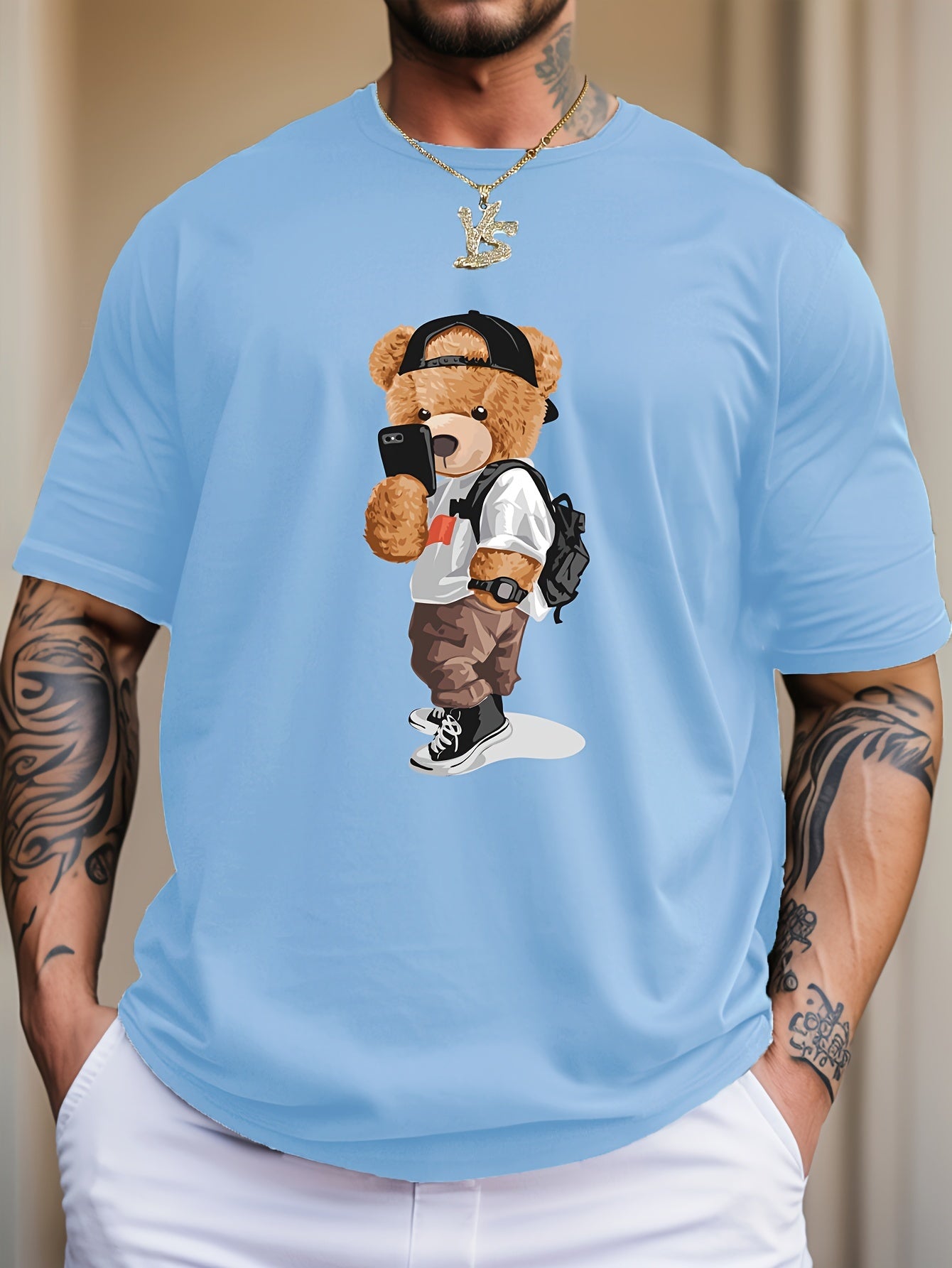 Cartoon Teddy Bear Print, Men's Graphic Design Crew Neck T-shirt, Casual Comfy Tees Tshirts For Summer, Men's Clothing Tops For Daily Vacation Resorts