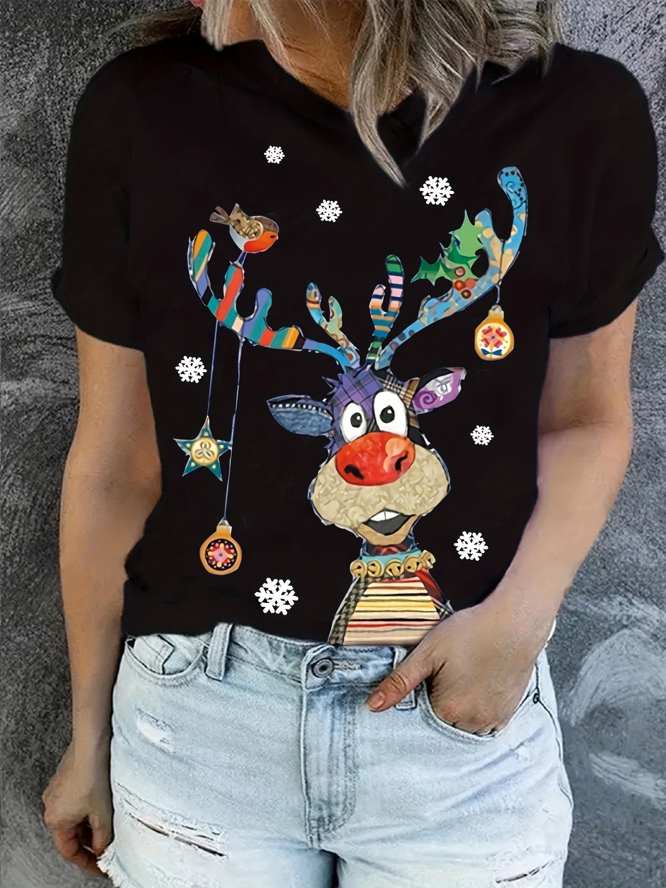 Christmas Reindeer Print Crew Neck T-shirt, Casual Short Sleeve Top, Women's Clothing