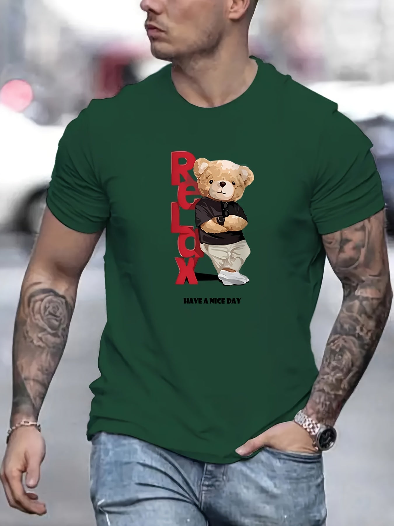 Trendy Bear Pattern Print Men's Comfy Chic T-shirt, Graphic Tee Men's Summer Outdoor Clothes, Men's Clothing, Tops For Men, Gift For Men