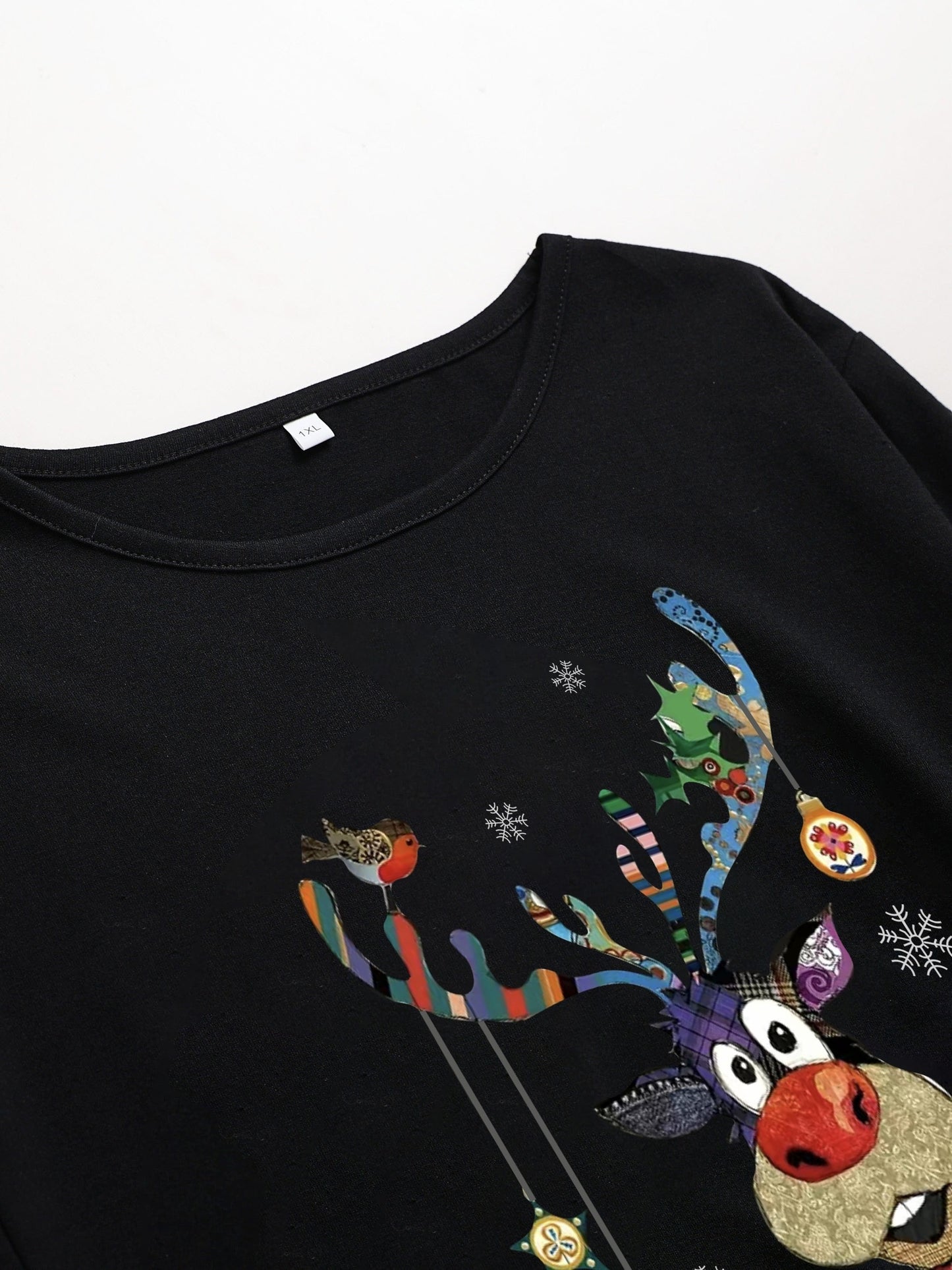 Plus Size Christmas Dress, Women's Plus Reindeer Print Long Sleeve Round Neck Loose Fit Baggy Dress