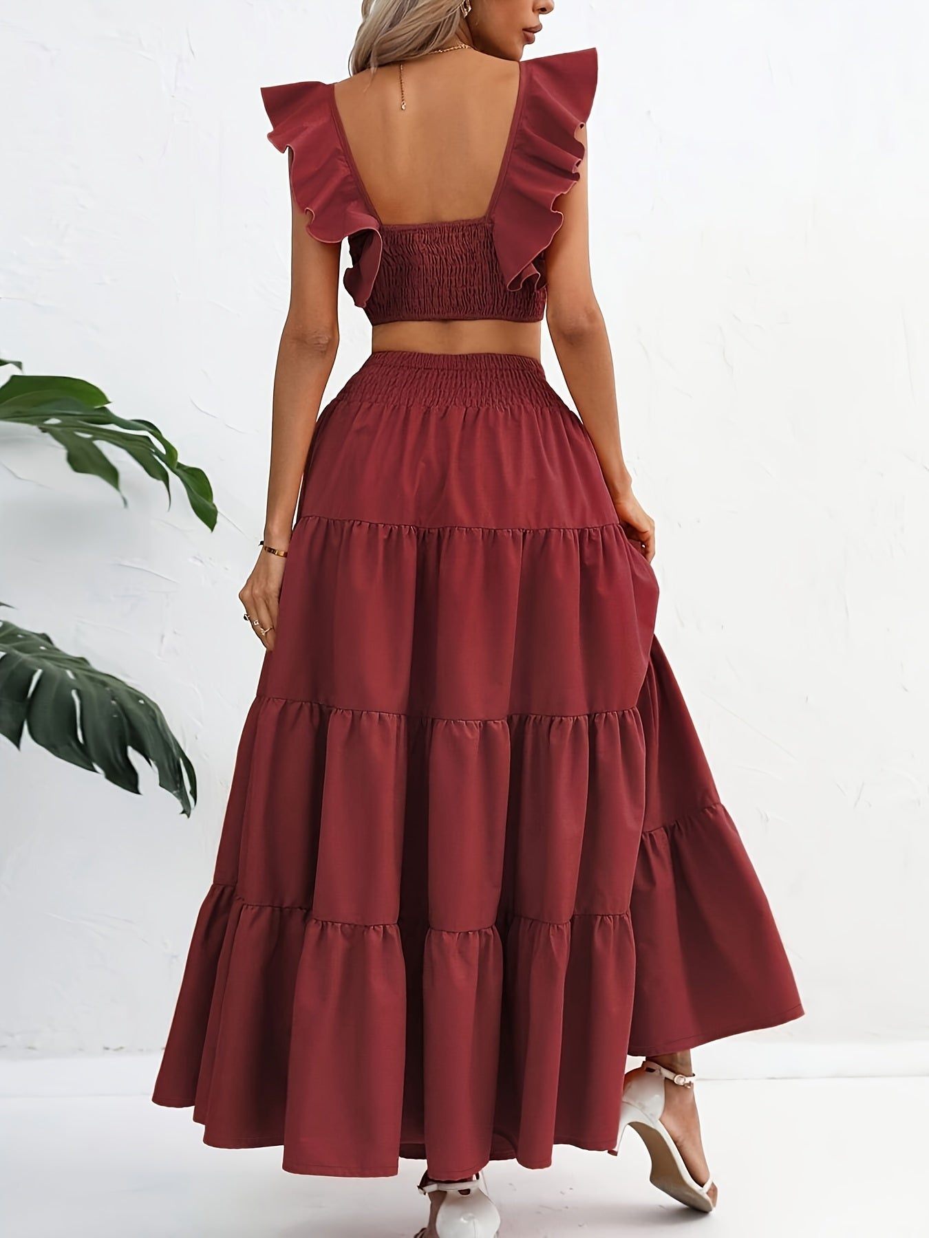 Solid Ruffle Shirred Skirt Suits, Square Neck Flutter Sleeve Backless Crop Top & Elastic High Waist A-line Skirt Outfits, Women's Clothing