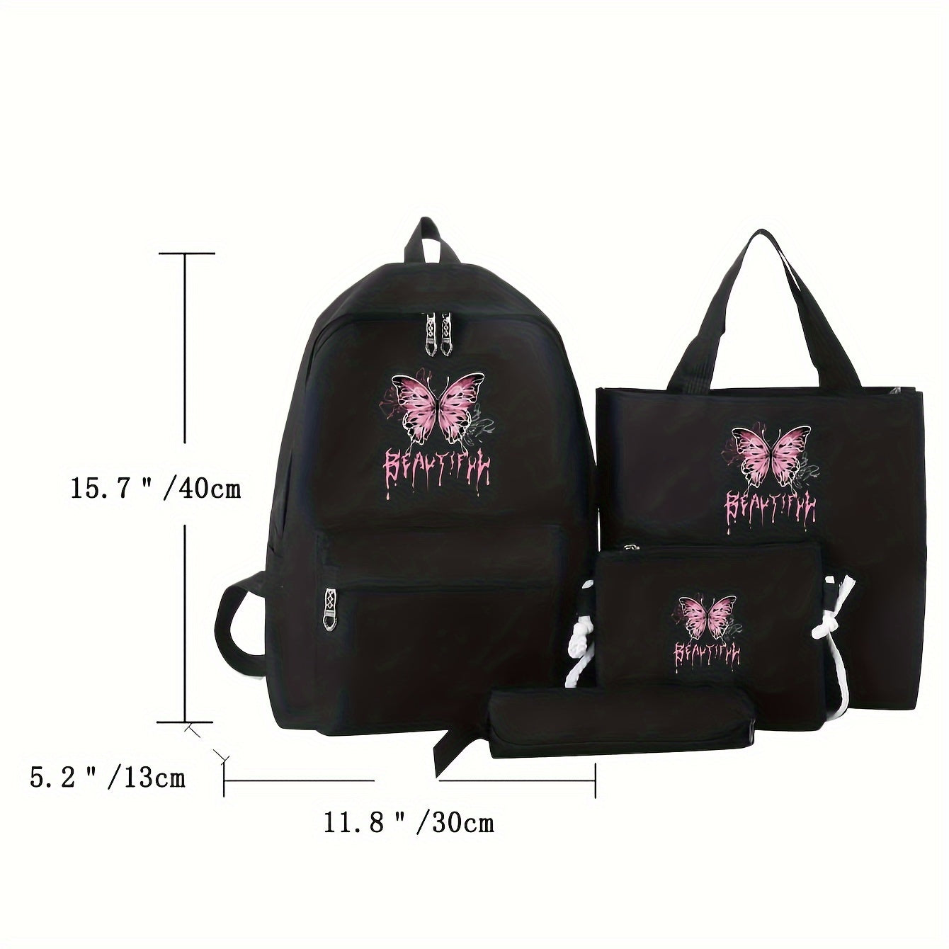 4pcs/set Fashion Butterfly Print Backpack, Preppy College School Daypack, Travel Commute Knapsack, Shoulder Bag & Pencil Case