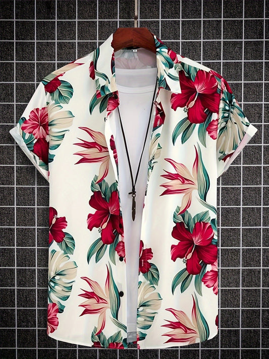 Hawaiian Style Flowers And Leaves Pattern Men's Short Sleeve Button Down Shirt For Summer Holiday