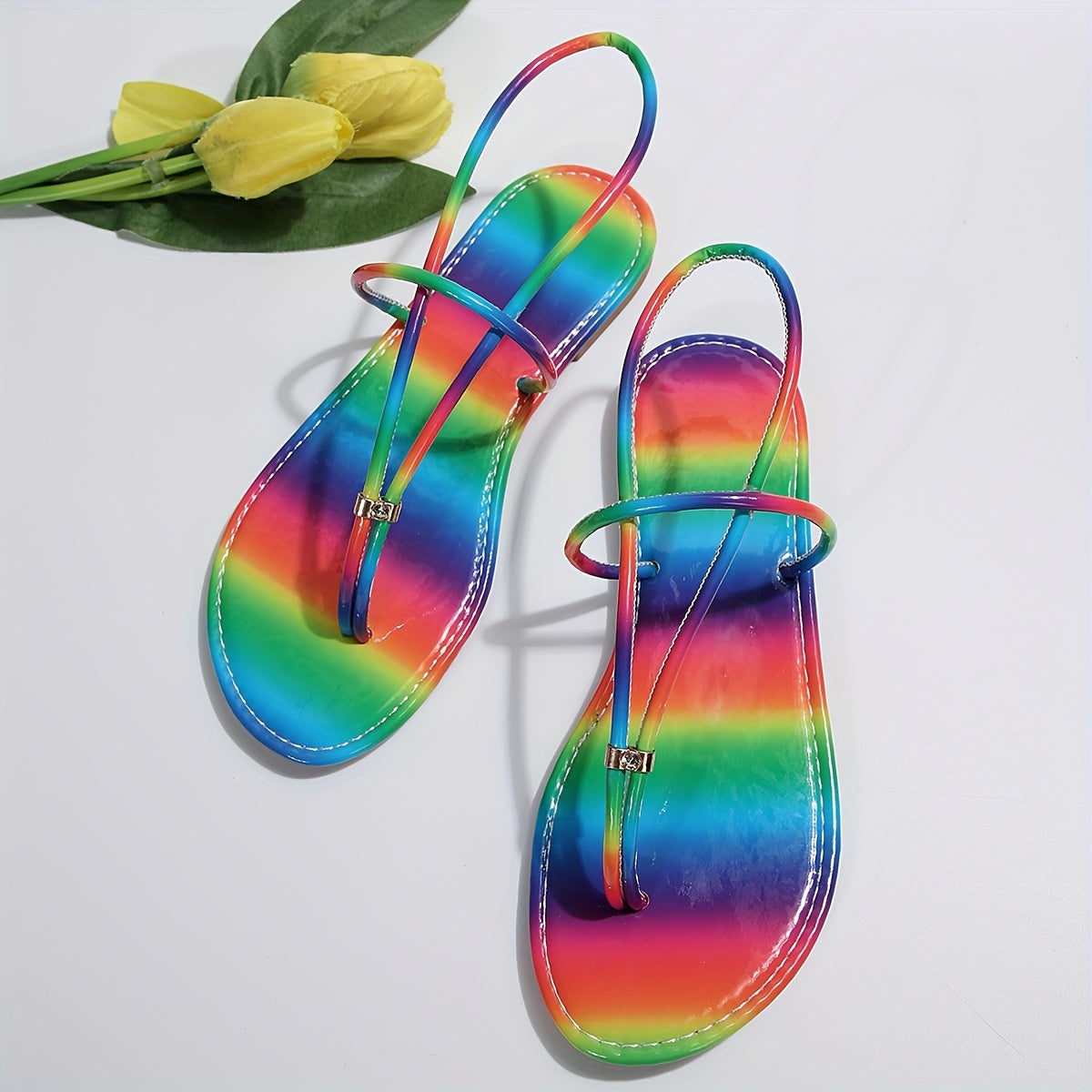 Women's Colorful Pattern Flat Sandals, Opern Toe Ankle Strap Slingback Thong Sandals, Summer Vacation Beach Shoes