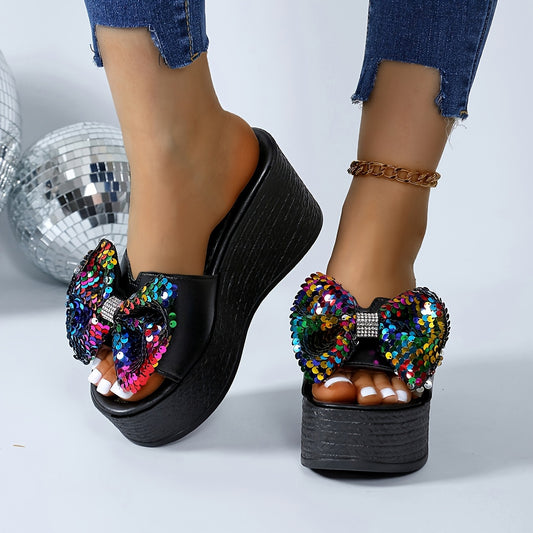 Women's Sequins Platform Wedge Slides, Fashion & Lightweight Slip On Vacation Sandals, Glitter Non-slip For Music Festival