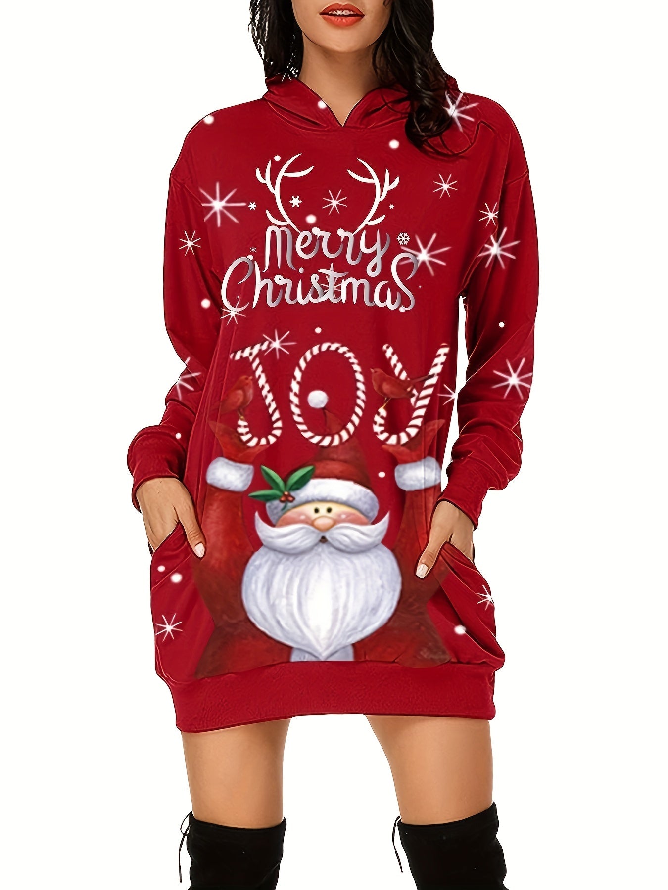 Christmas Santa Claus & Letter Print Dress, Casual Long Sleeve Hooded Above Knee Dress, Women's Clothing