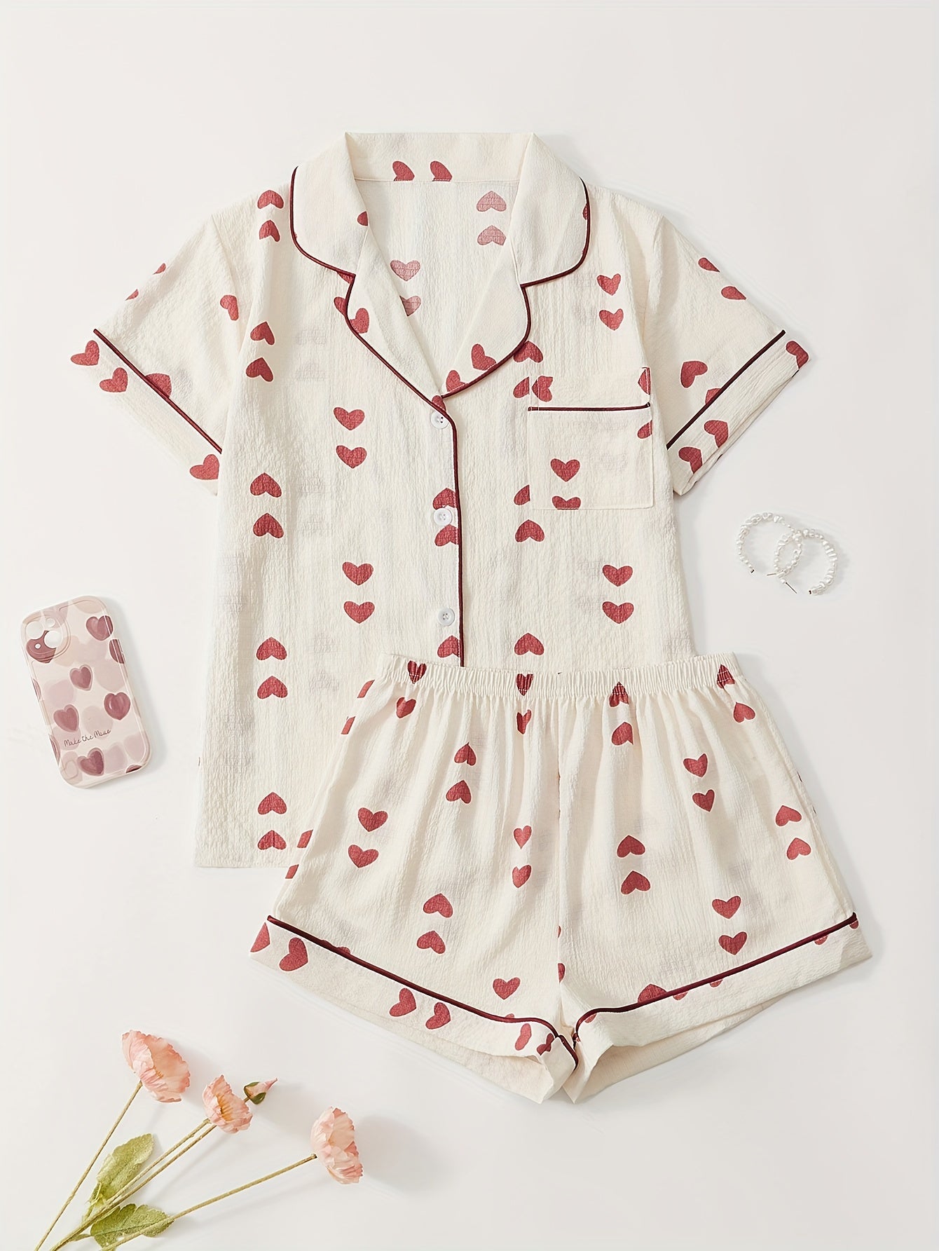 Heart Print Textured Lounge Set, Casual Short Sleeve Buttons Lapel Top & Elastic Shorts, Women's Loungewear