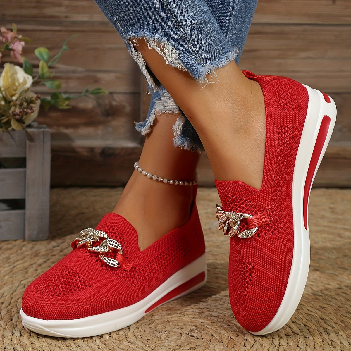 Women's Metallic Chain Decor Knitted Flats, Comfort Slip On Walking Trainers, Casual Breathable Low Top Shoes