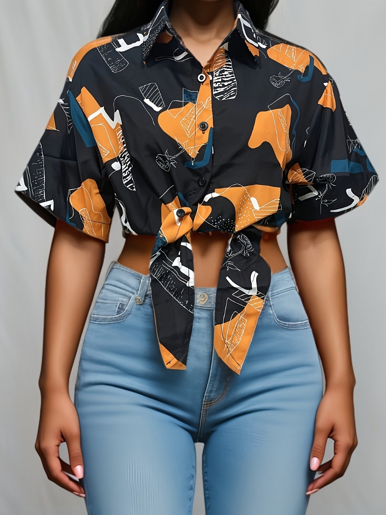 Abstract Print Button Crop Shirt, Casual Short Sleeve Shirt For Spring & Summer, Women's Clothing