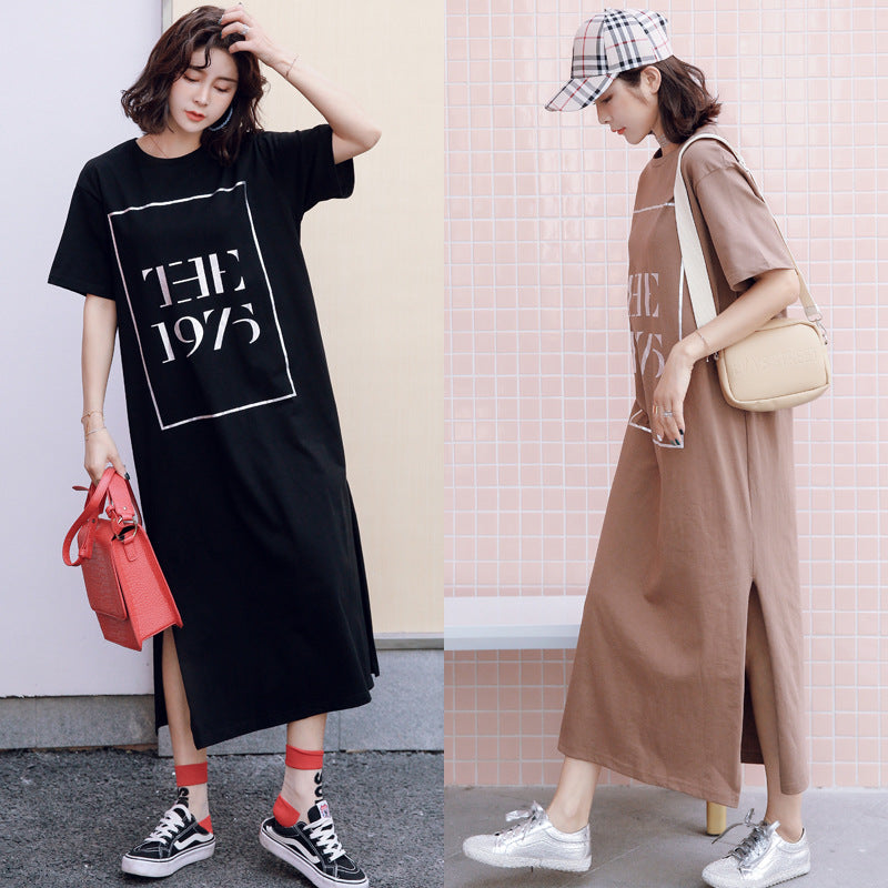 9103 2021 Summer short sleeve T-shirt skirt female Korean version of the loose large size women's skirt BF long skirt summer retro dress