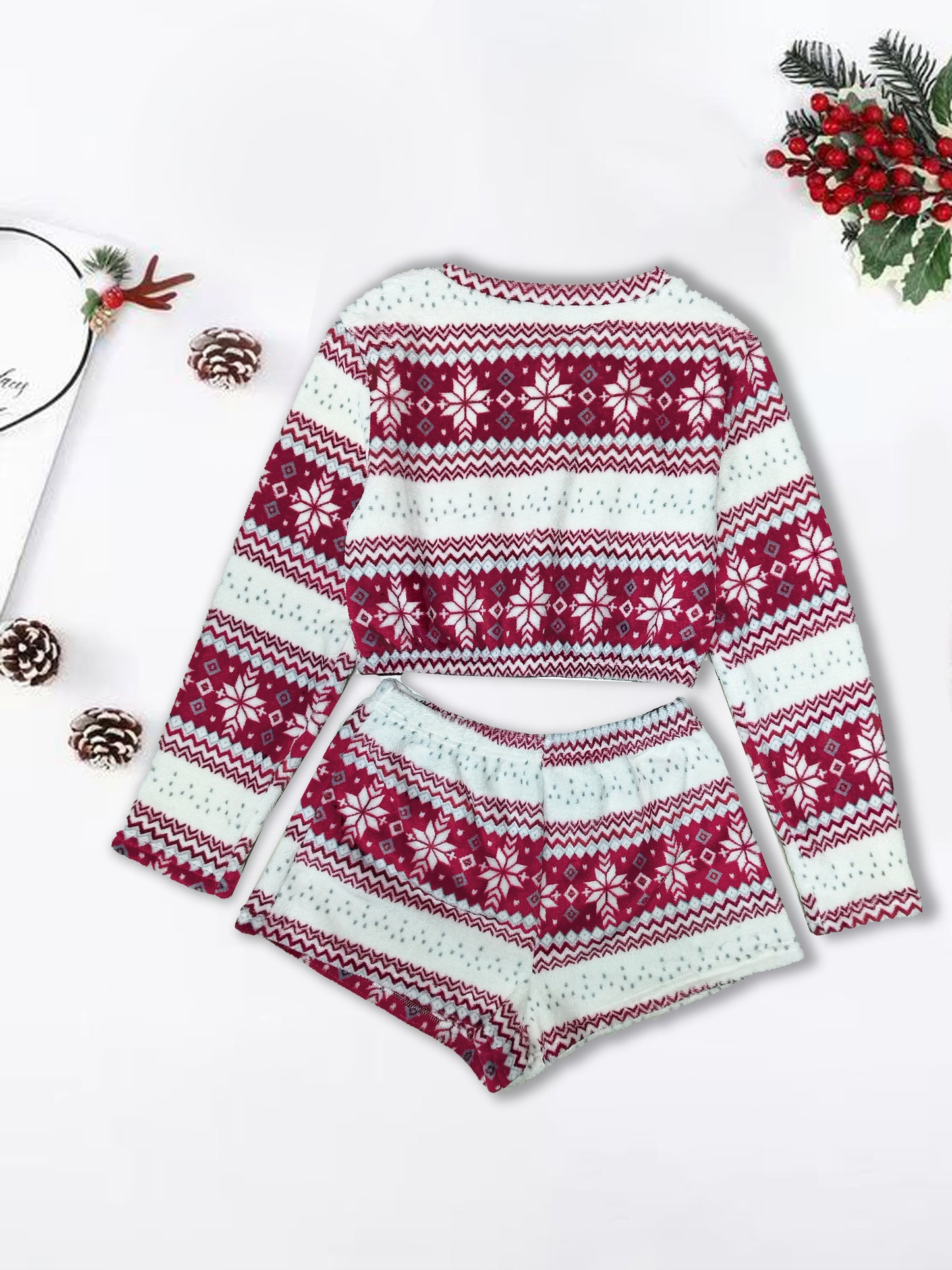 Snowflake Print Christmas Lounge Set, Casual Long Sleeve Crew Neck Top & Elastic Waistband Shorts, Women's Loungewear & Sleepwear