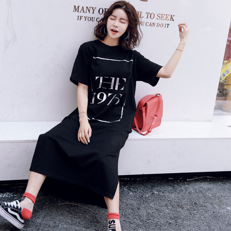 9103 2021 Summer short sleeve T-shirt skirt female Korean version of the loose large size women's skirt BF long skirt summer retro dress