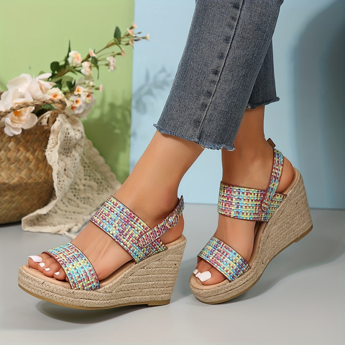 Women's Colorful Plaid Woven Sandals, Ankle Buckle Strap Platform Summer Shoes, Slingback Walking Vacation Shoes