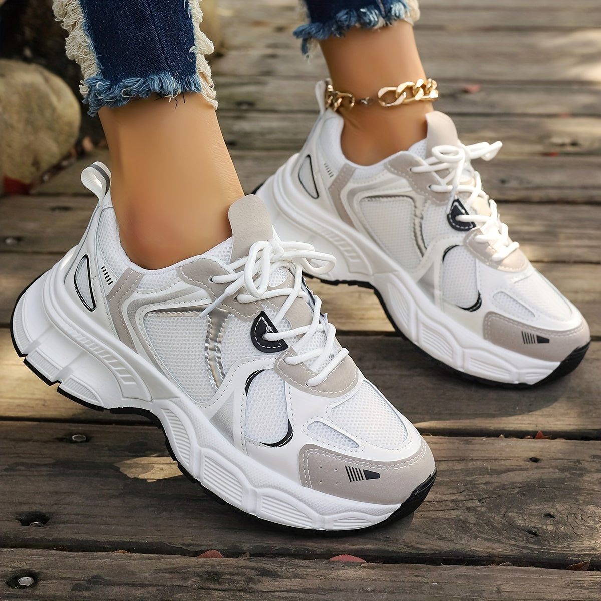 Women's Mesh Chunky Sneakers, All-Match Breathable Low Top Running Trainers, Comfy Outdoor Walking Sports Shoes