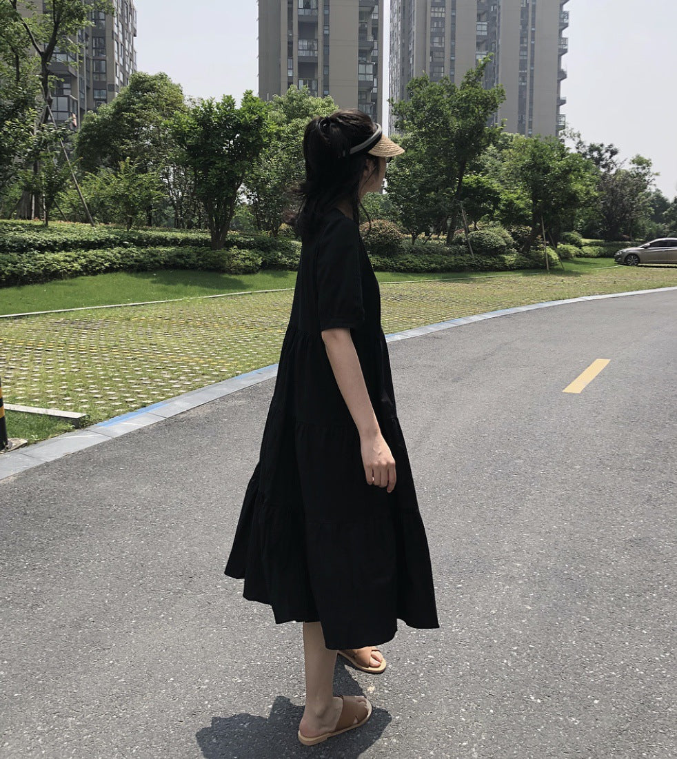 Lufu summer new cold dark dress A word skirt large swing loose literary fashion black long skirt thin female